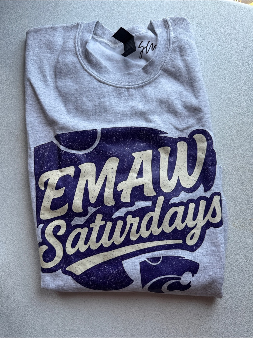 Gildan White Sweatshirt with Purple & Cream 'Saturdays' Graphic